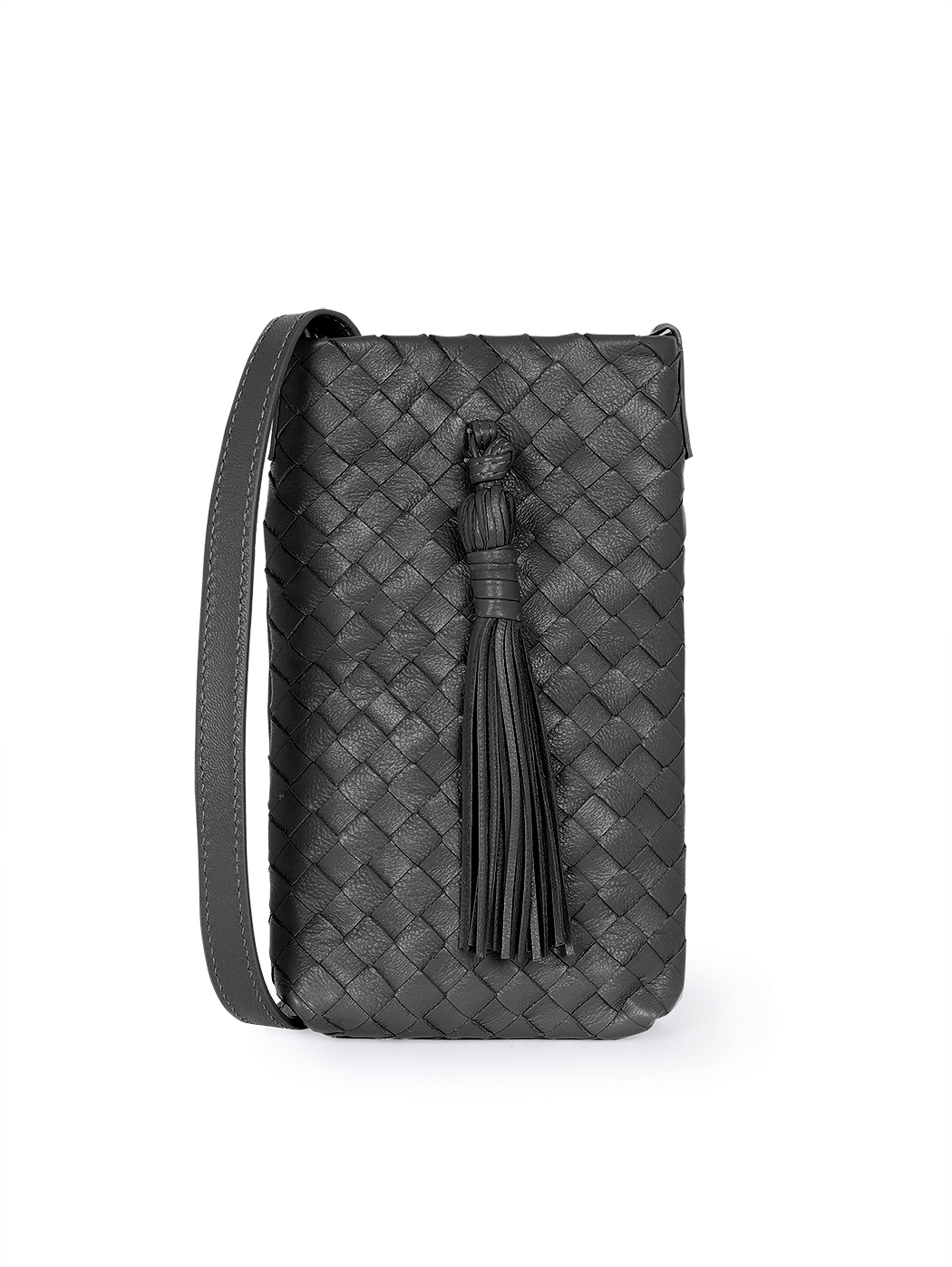 Плетеная сумочка кросс – боди для телефона коллекции Intrecci черного цвета