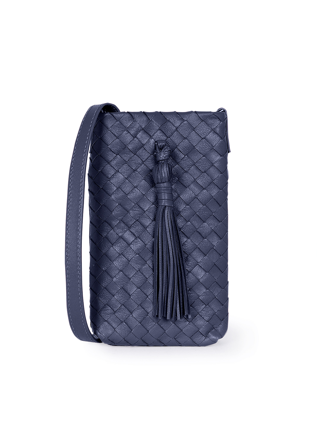 Porta cellulare a tracolla in pelle intrecciata blu