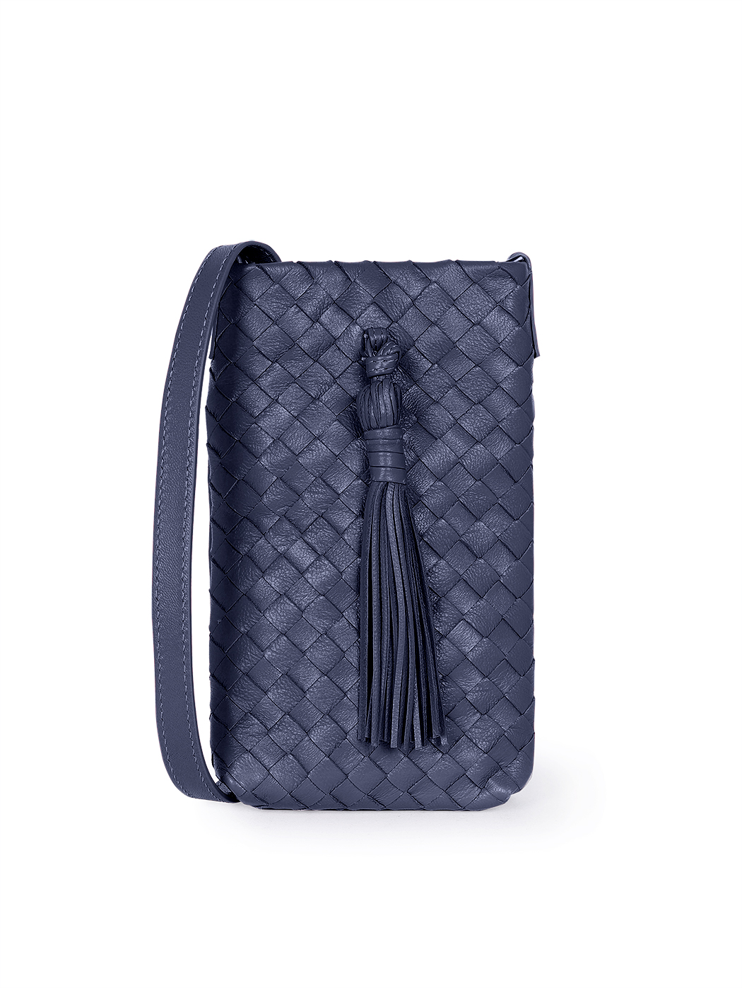 Crossbody Phone Bag Woven Leather Navy Blue