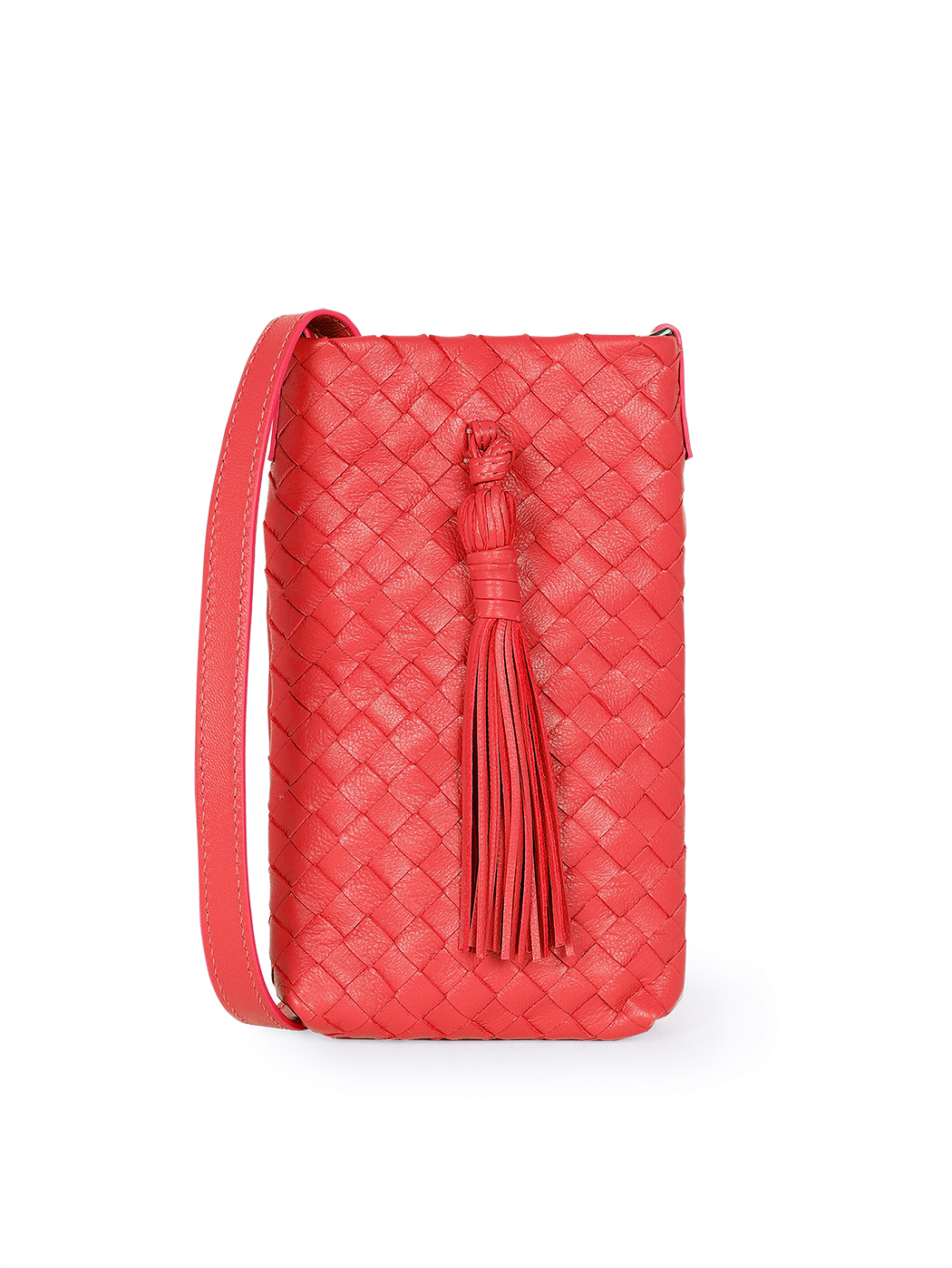 Crossbody Phone Bag Intrecciato Weave Leather Red