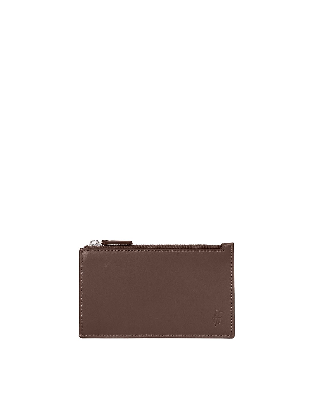 Slim Card Holder Zip Pocket Leather Brown
