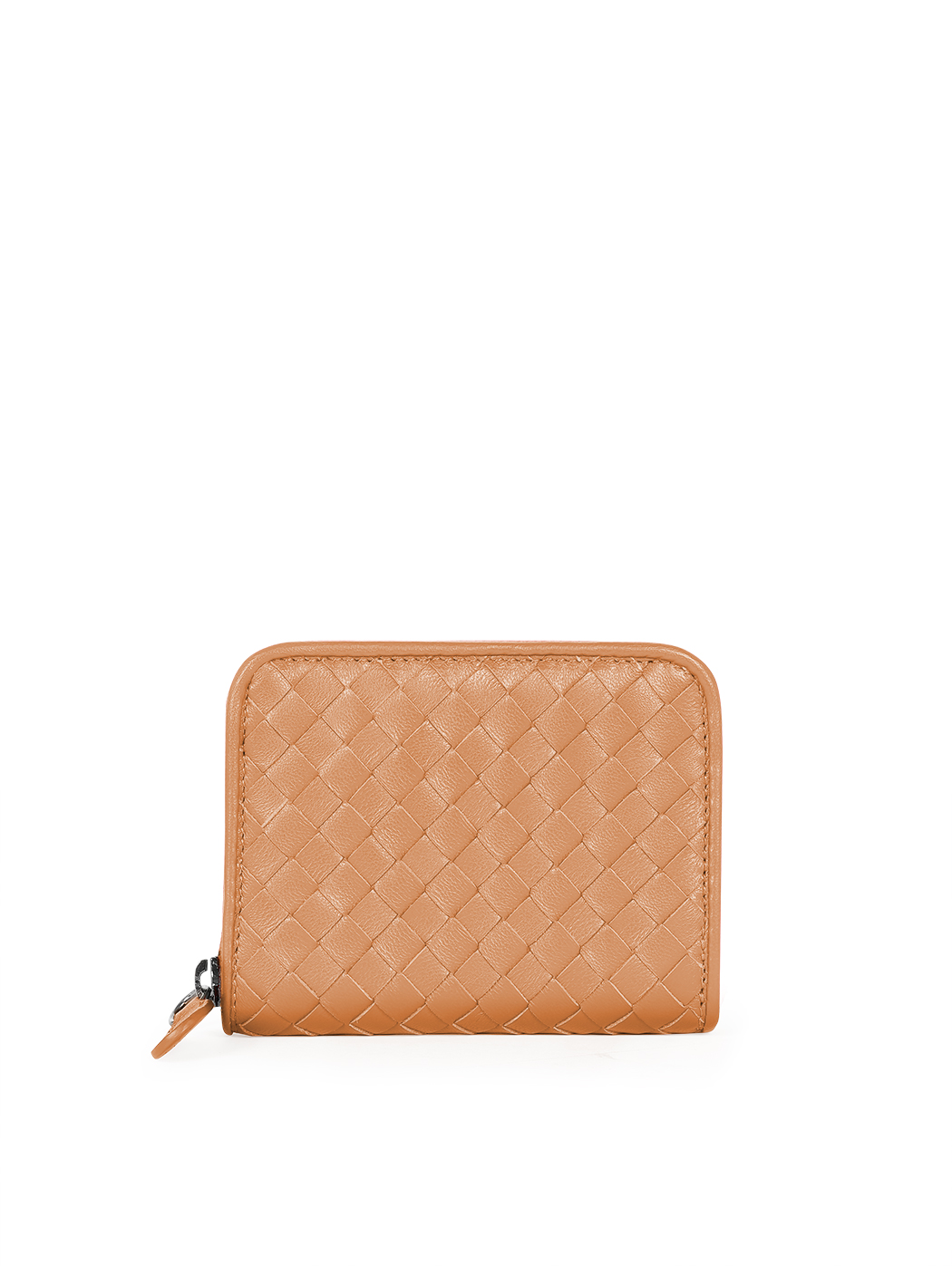 Compact zip-around wallet in brown woven leather