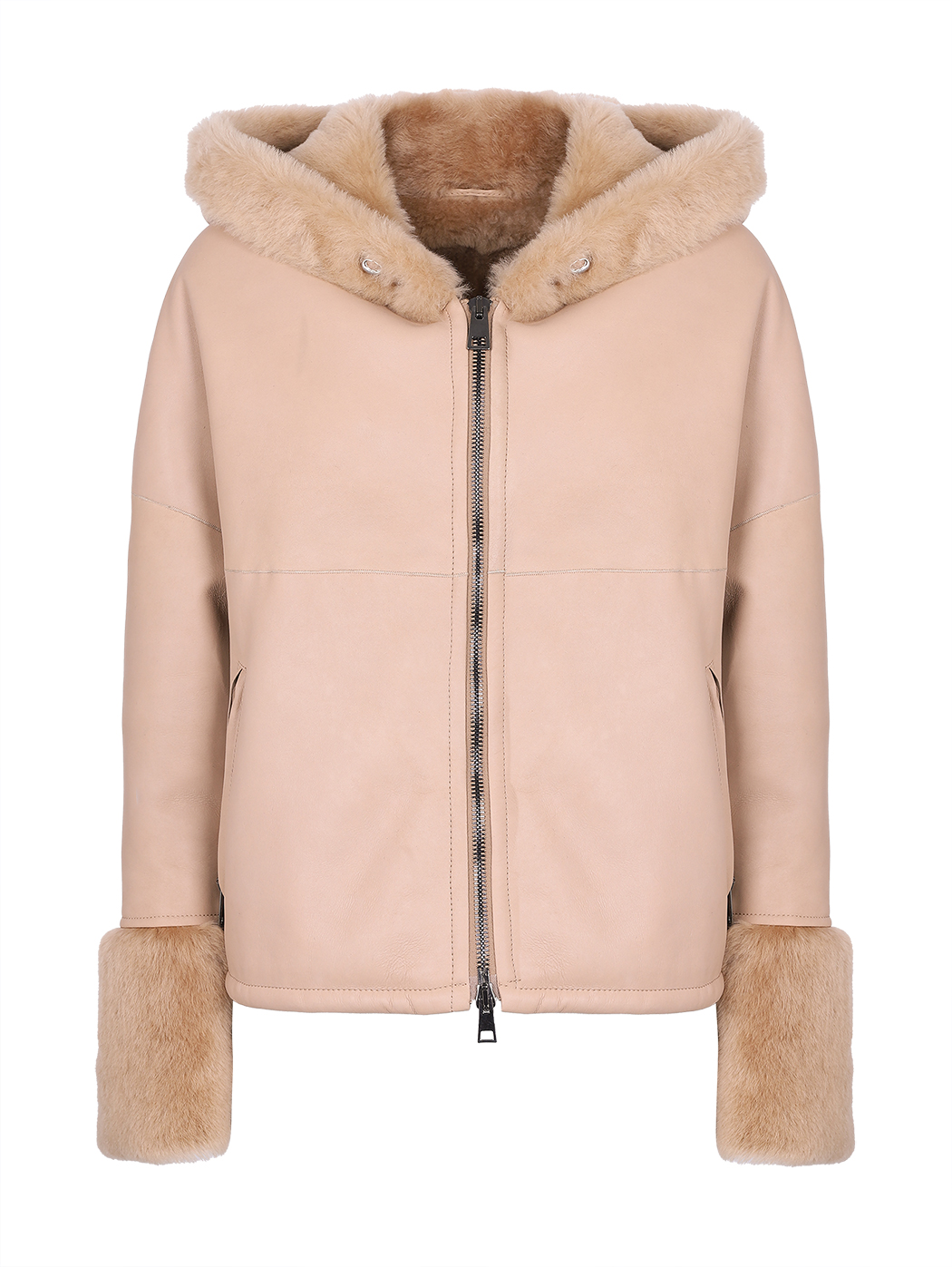 Hooded Double-faced One Size Shearling Jacket Beige