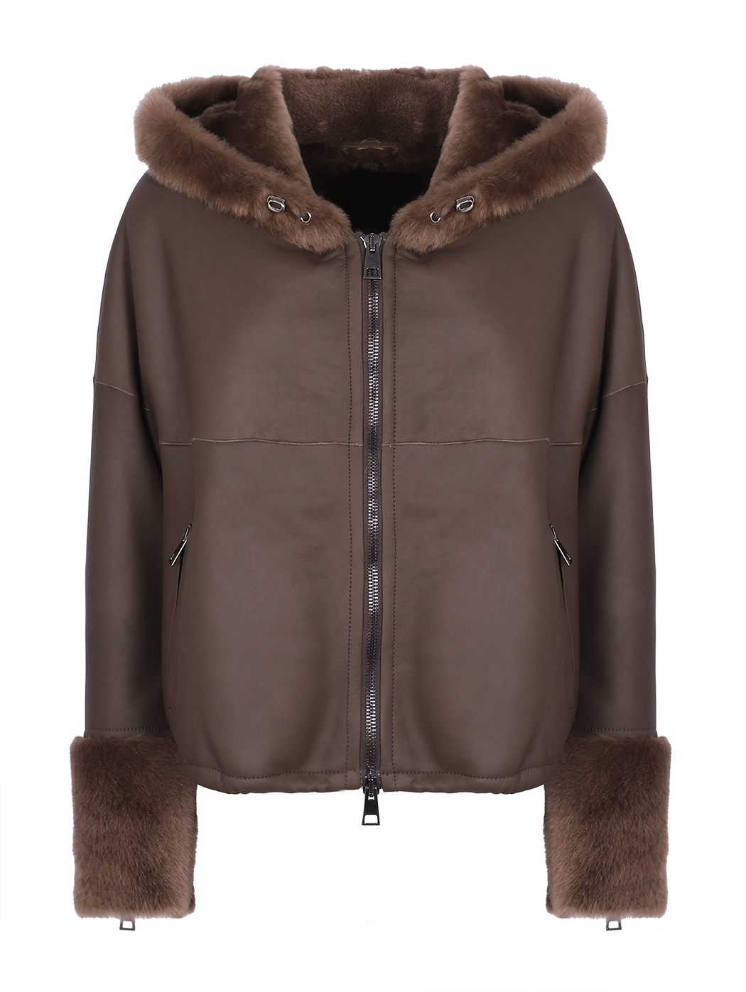 Hooded Double-faced One Size Shearling Jacket Brown