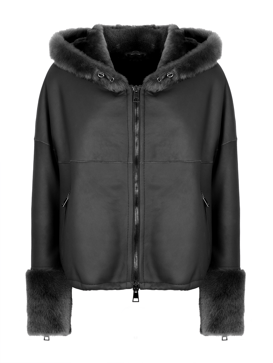 Hooded Double-faced One Size Shearling Jacket Black