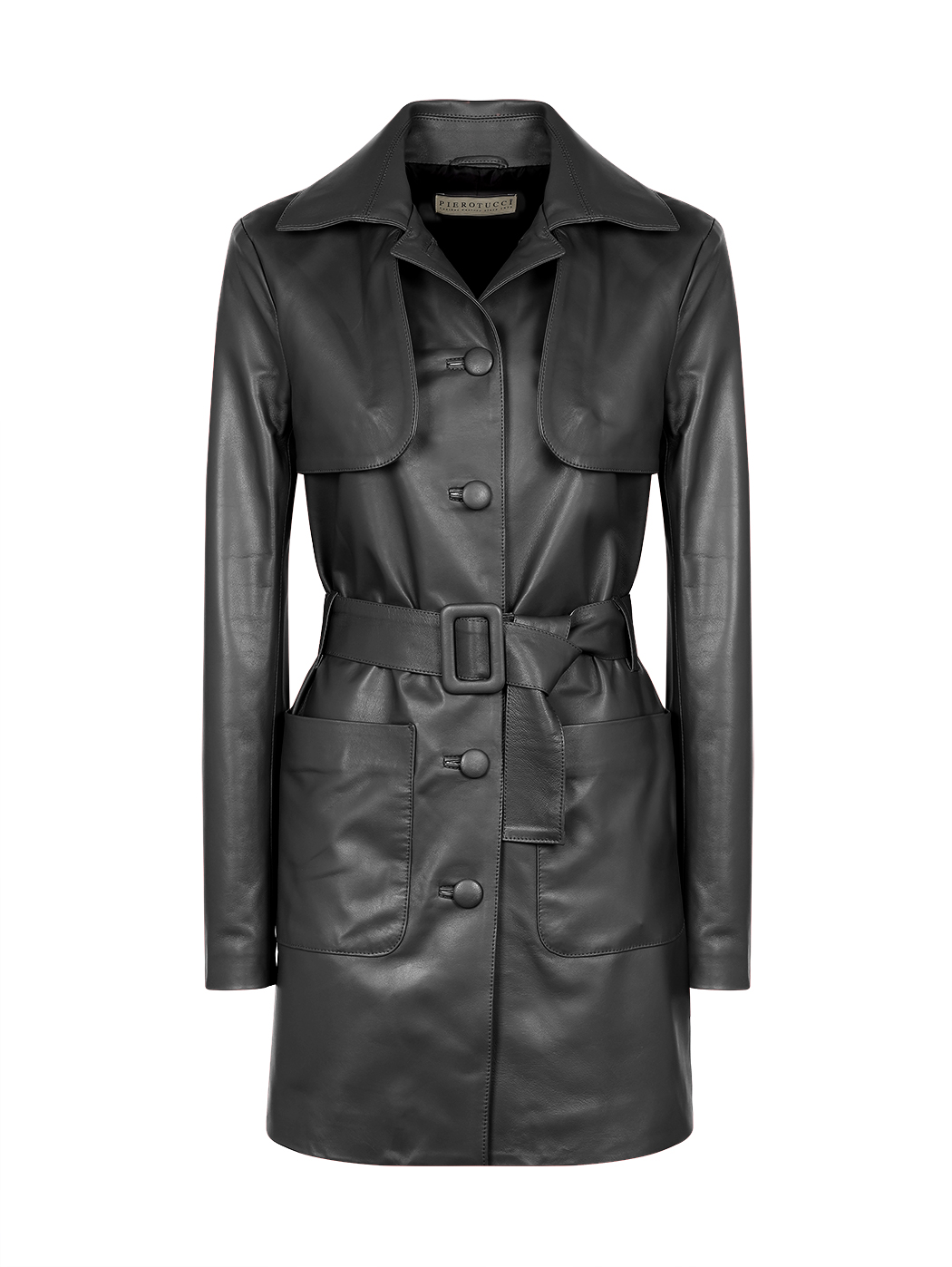 Short Button Down Leather Trench Coat Black