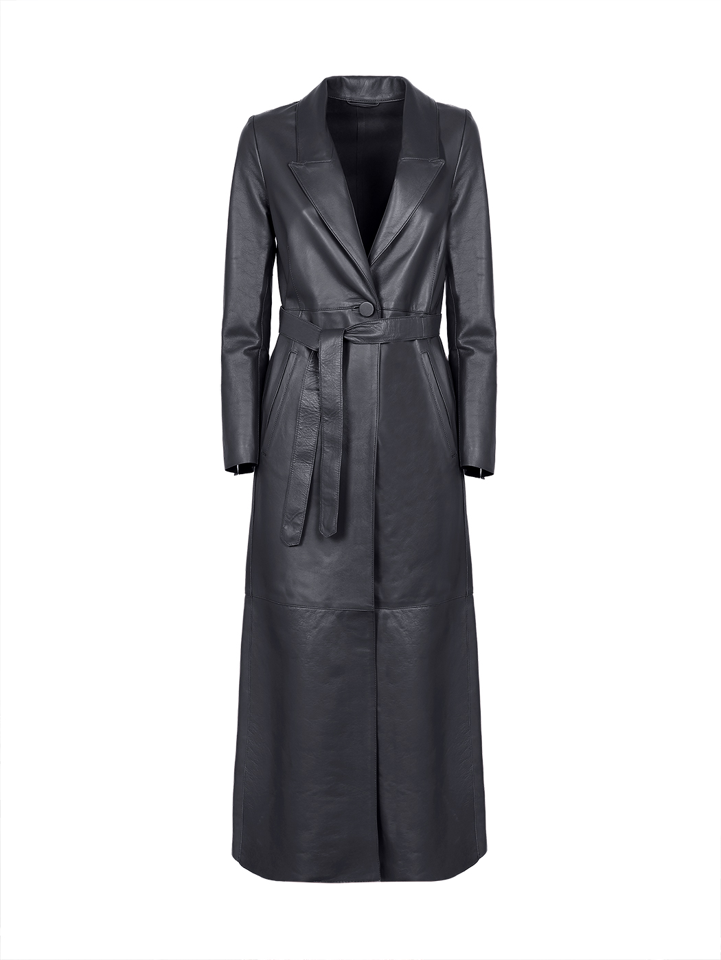 Long Single-breasted Belted Leather Coat Black