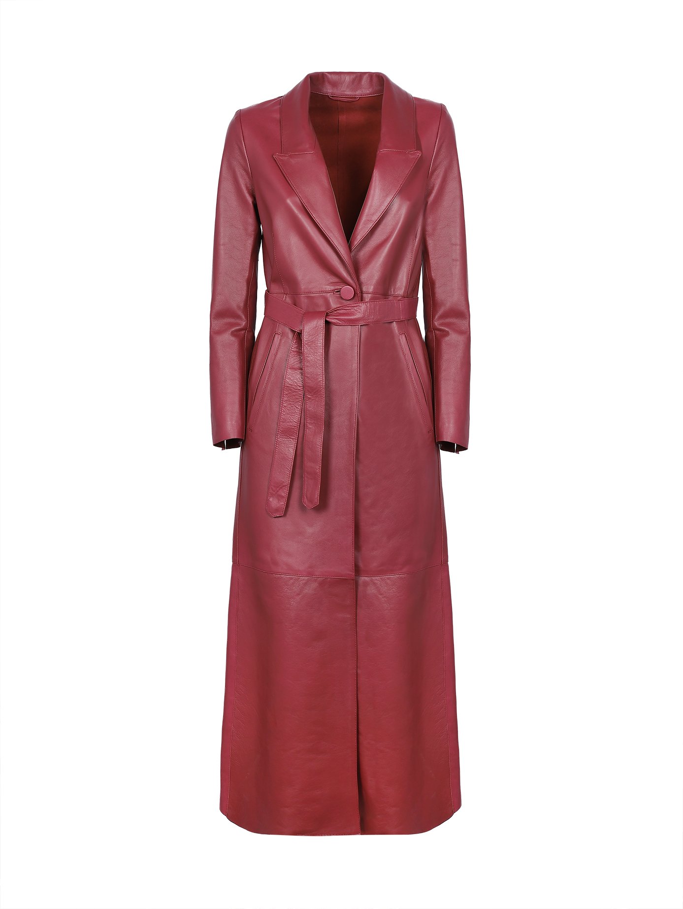 Long Single-breasted Belted Leather Coat Red Wine