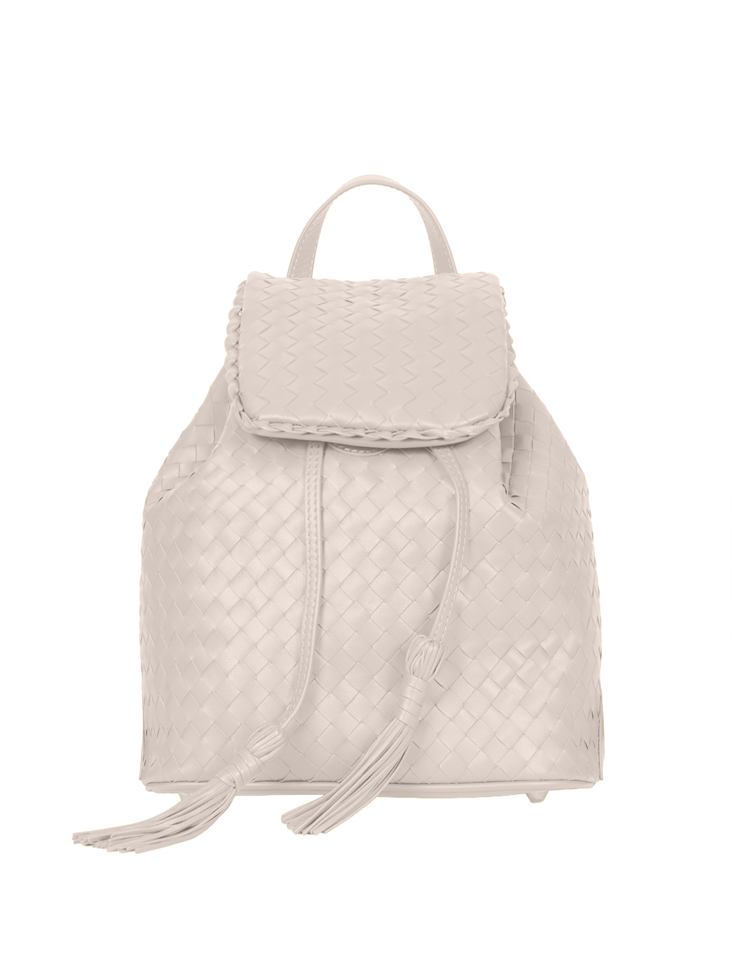 Small Drawstring Woven Leather Backpack Beige