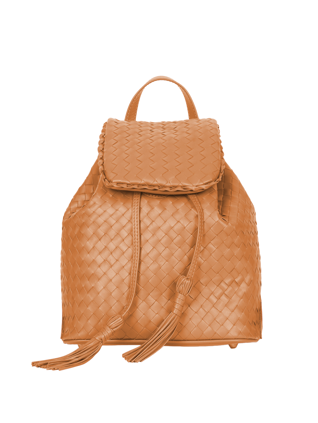 Small Drawstring Woven Leather Backpack Tan