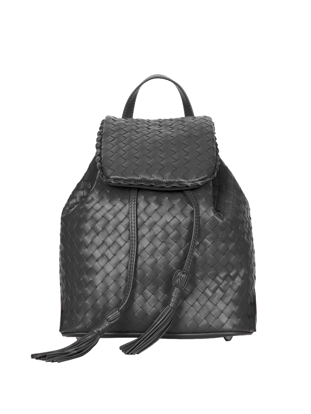 Small Drawstring Woven Leather Backpack Black