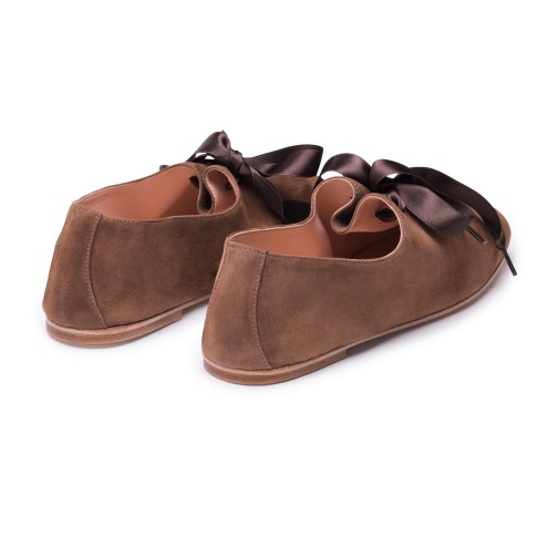 CUT-OUT BALLERINA FLAT IN CHOCOLATE BROWN SATIN ATTACHED BEAD BUCKLE
