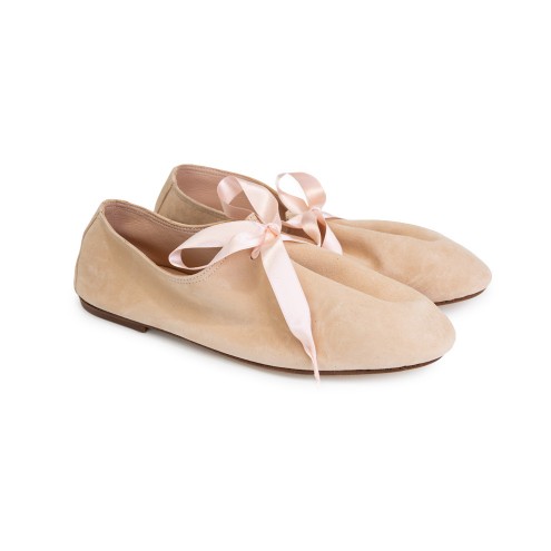 Lace-up Ballet Flat - Nude Suede 
