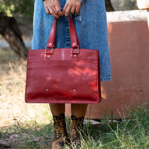 Top Handle Laptop Leather Tote Bag Red