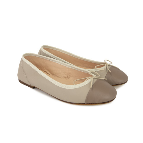 Ballet Flats - Beige Nappa with Taupe Round Toe 