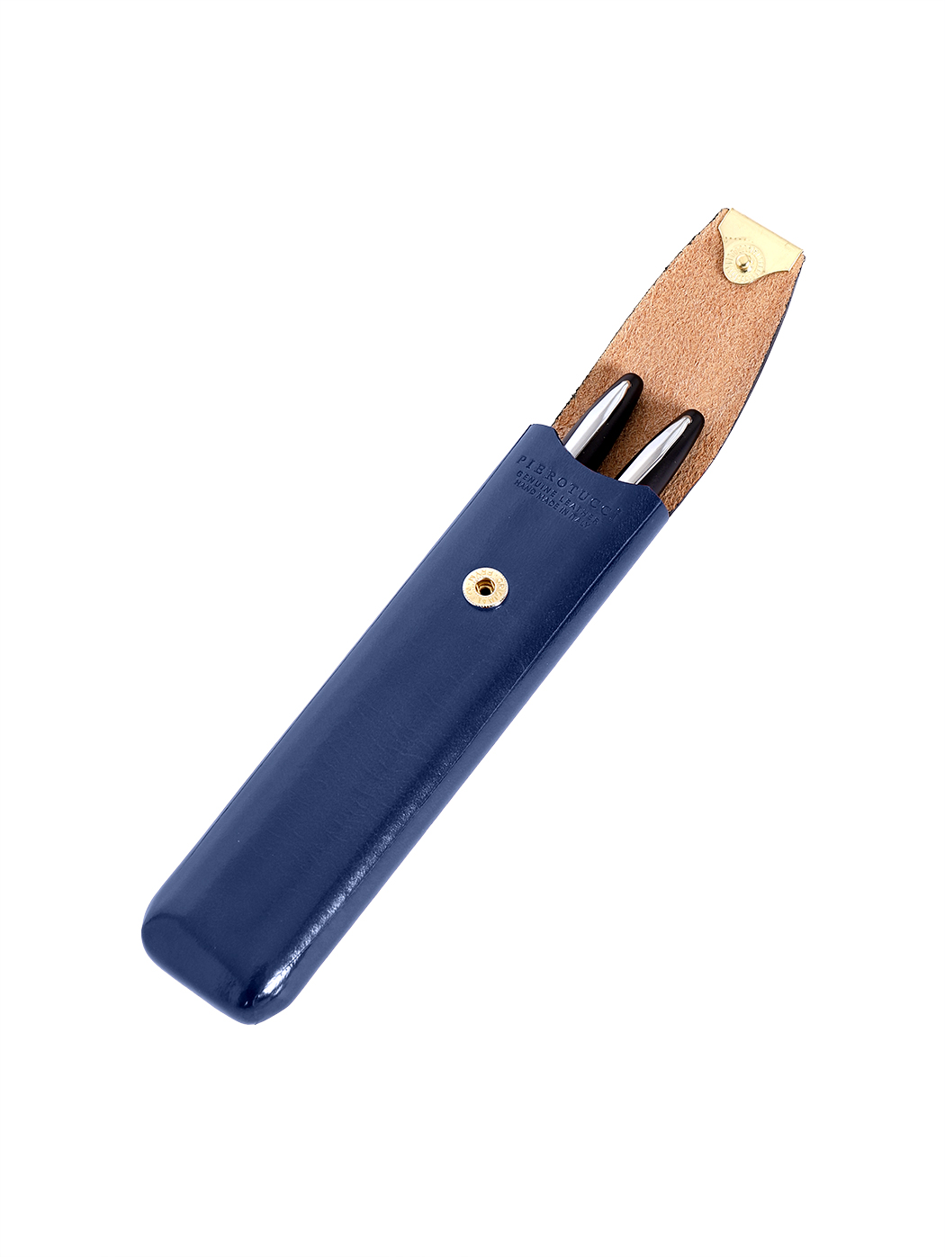 Porta penne in cuoio con bottone Blu