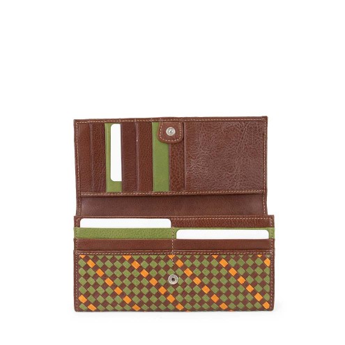 Hand Held Woven Intrecciato Leather Wallet Dark Brown