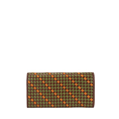 Hand Held Woven Intrecciato Leather Wallet Dark Brown