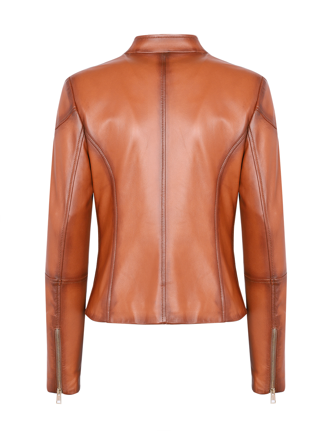 Короткая коричневая кожаная куртка с передними карманами