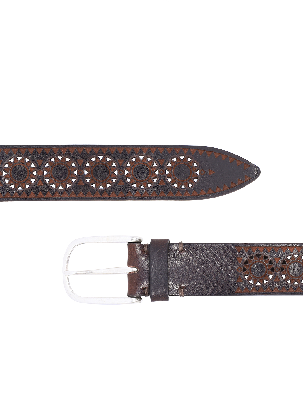 Perforated Circle Motif Leather Belt Dark Brown