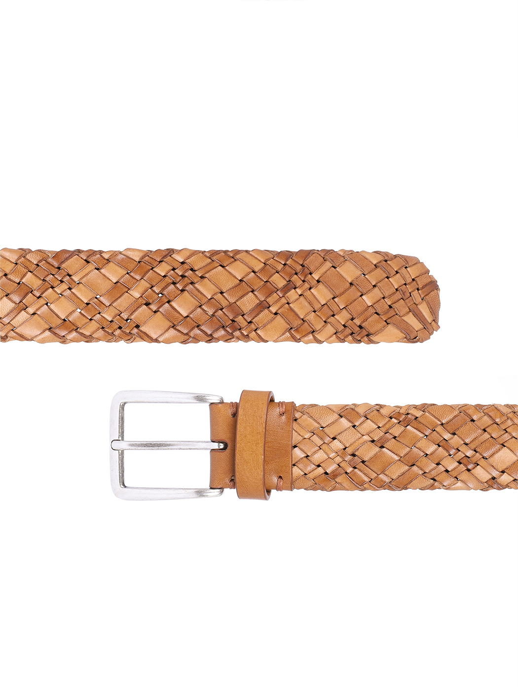Woven Leather Belt Brass Buckle 35mm Cuoio