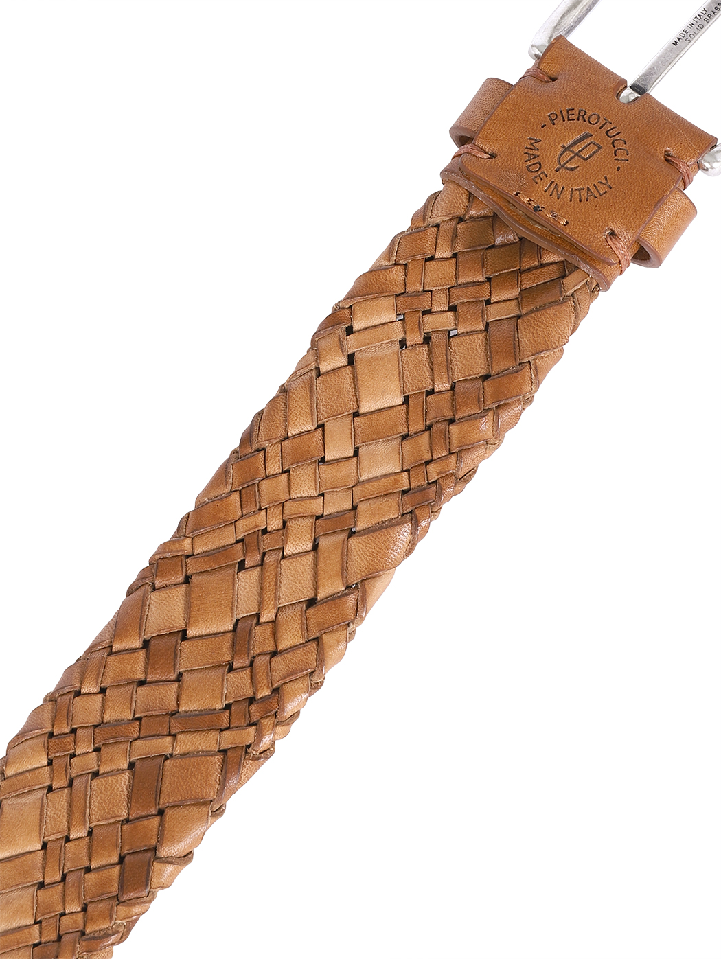 Woven Leather Belt Brass Buckle 35mm Cuoio