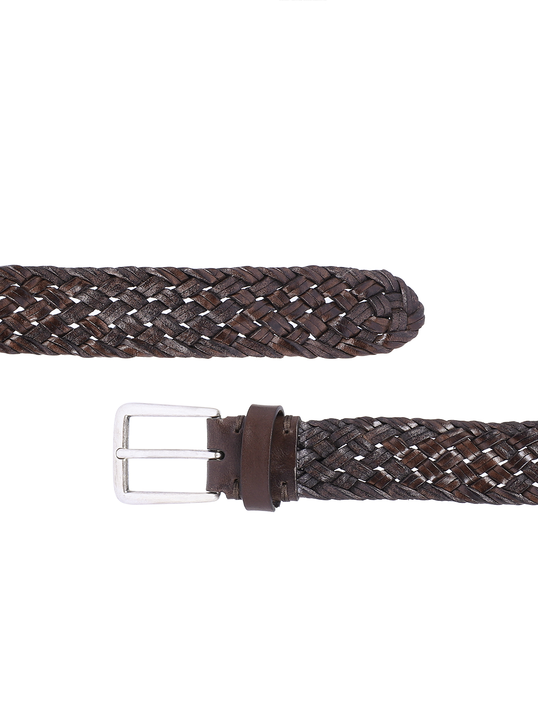 Woven Leather Belt Brass Buckle 35mm Caffè