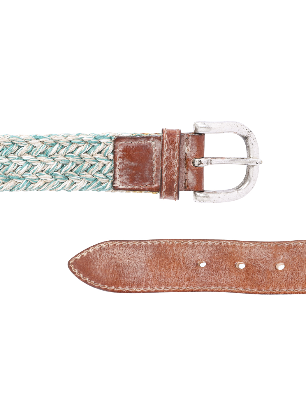Woven Corded Leather Belt Beige Green