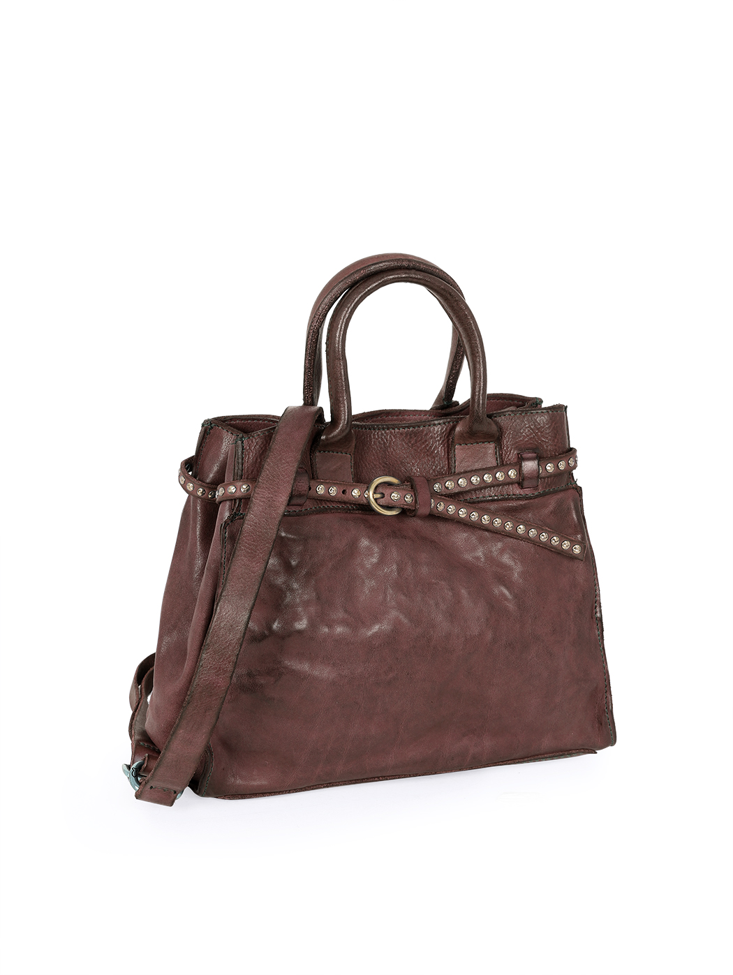 Belted Top Handle Cowhide Leather Bag Dark Brown