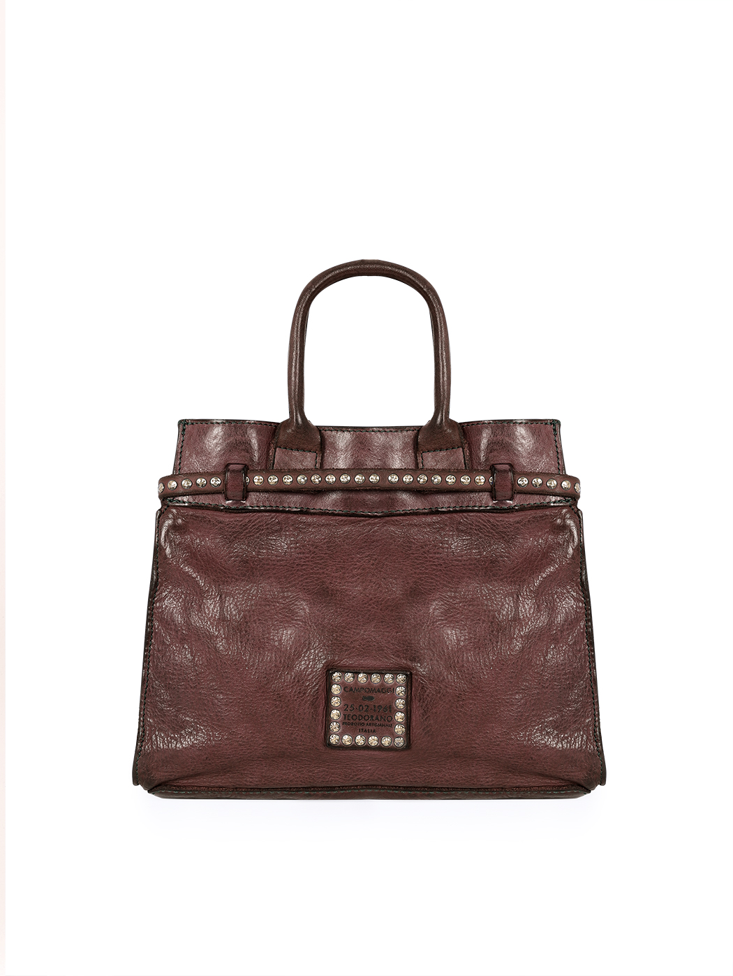 Belted Top Handle Cowhide Leather Bag Dark Brown