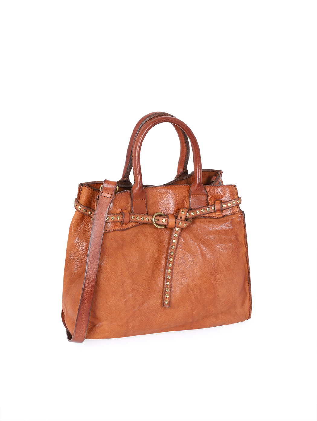 Belted Top Handle Cowhide Leather Bag Cognac