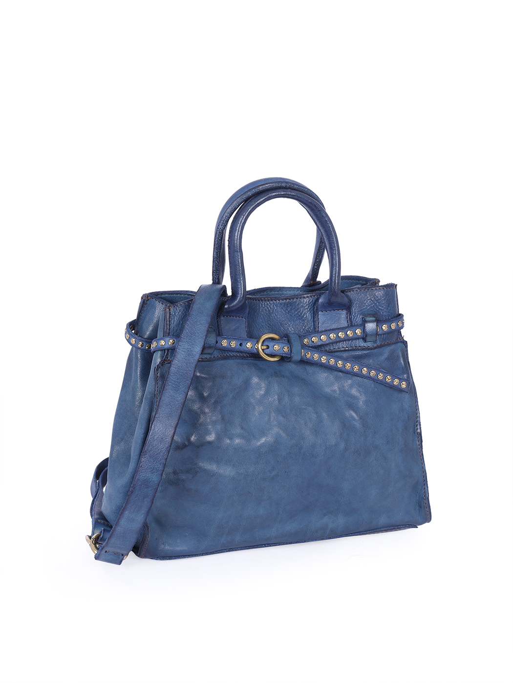 Small Belted Top Handle Cowhide Bag Sapphire