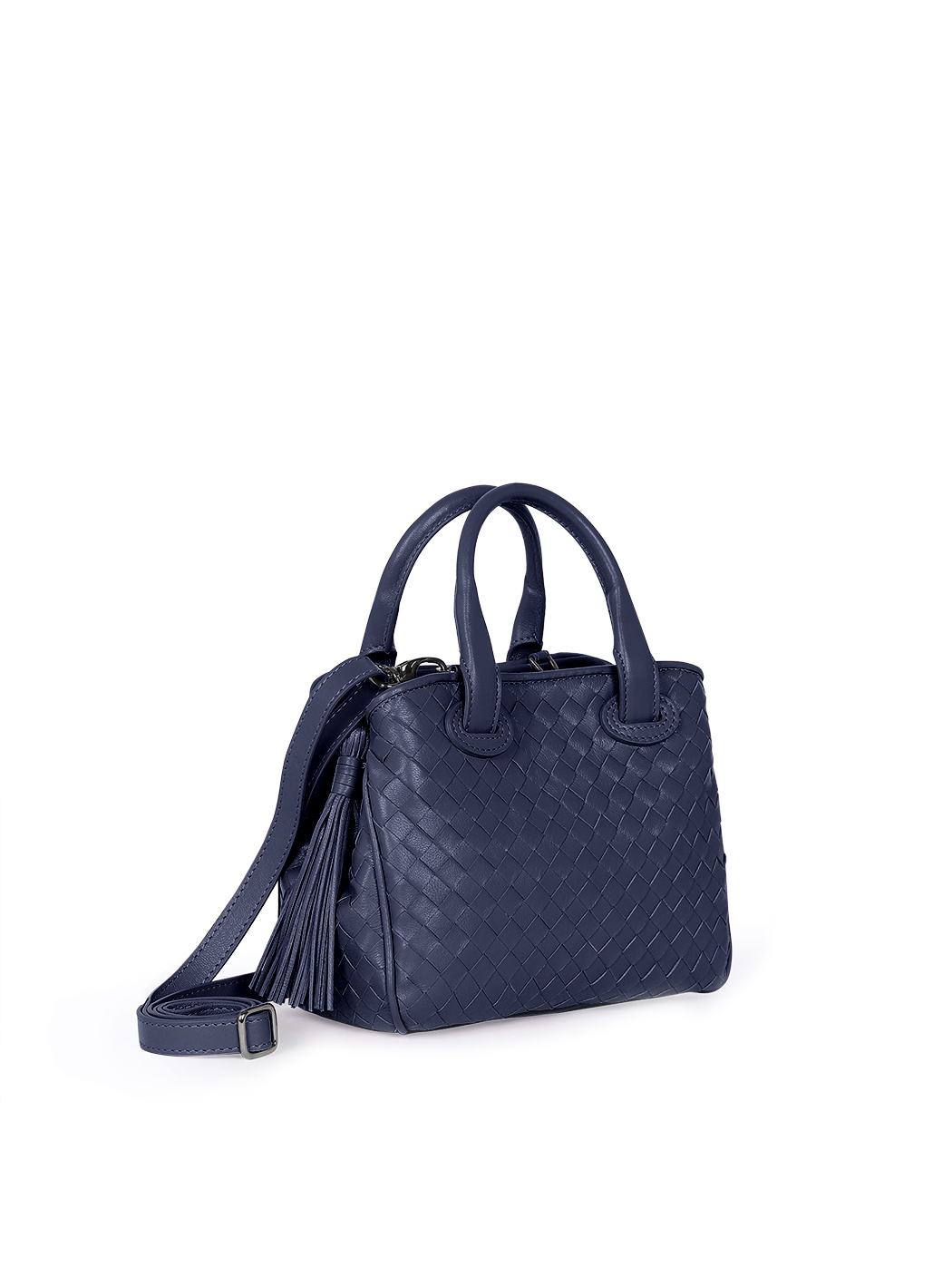 Mini Top Handle Intrecciato Weave Leather Purse Navy Blue