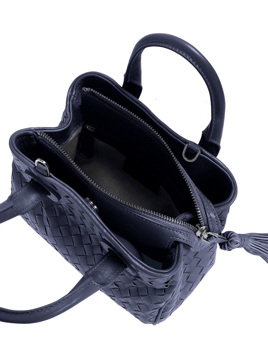 Mini Top Handle Intrecciato Weave Leather Purse Navy Blue