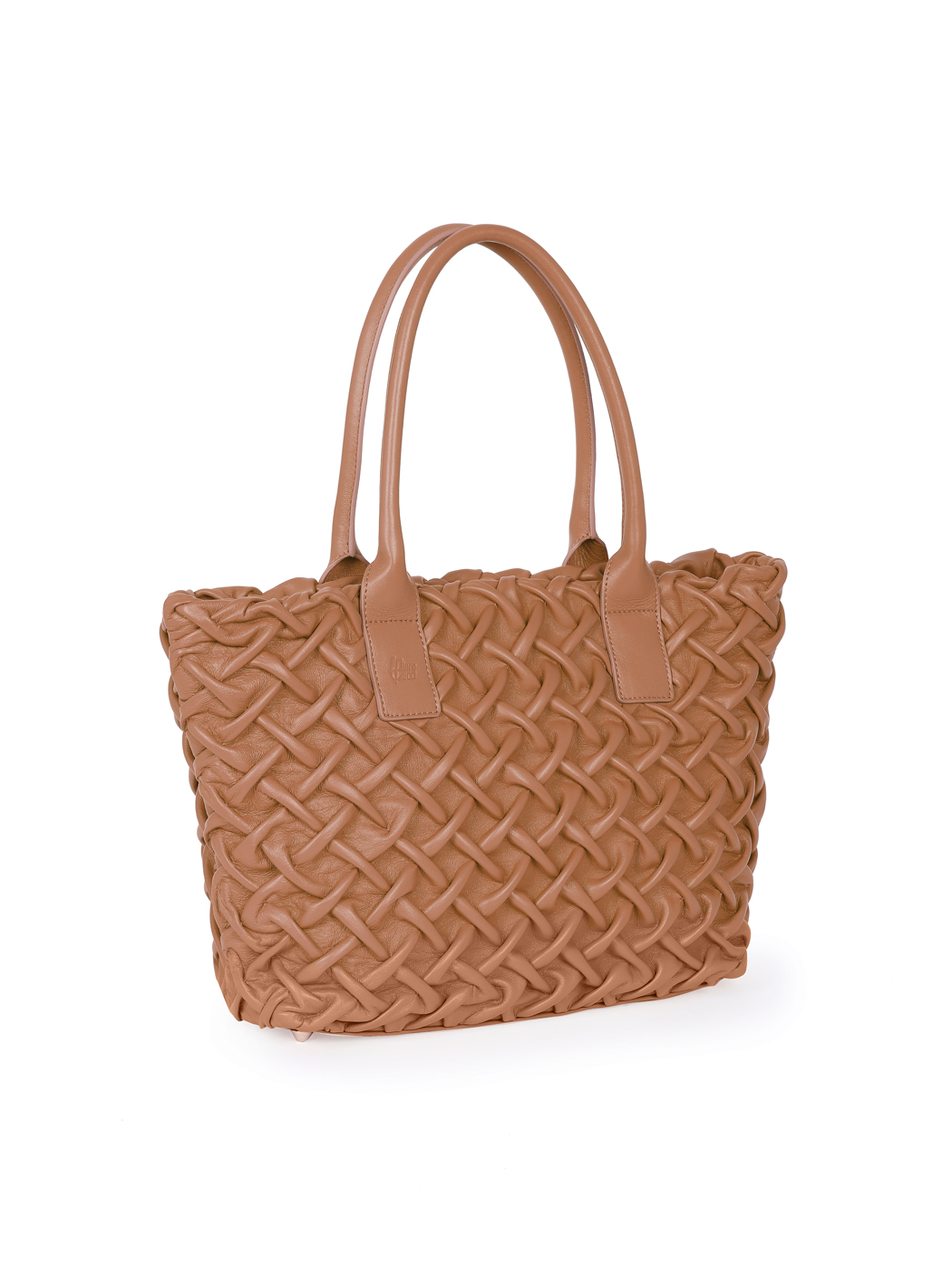 Smocked Weave Leather Satchel Tote Bag Tan