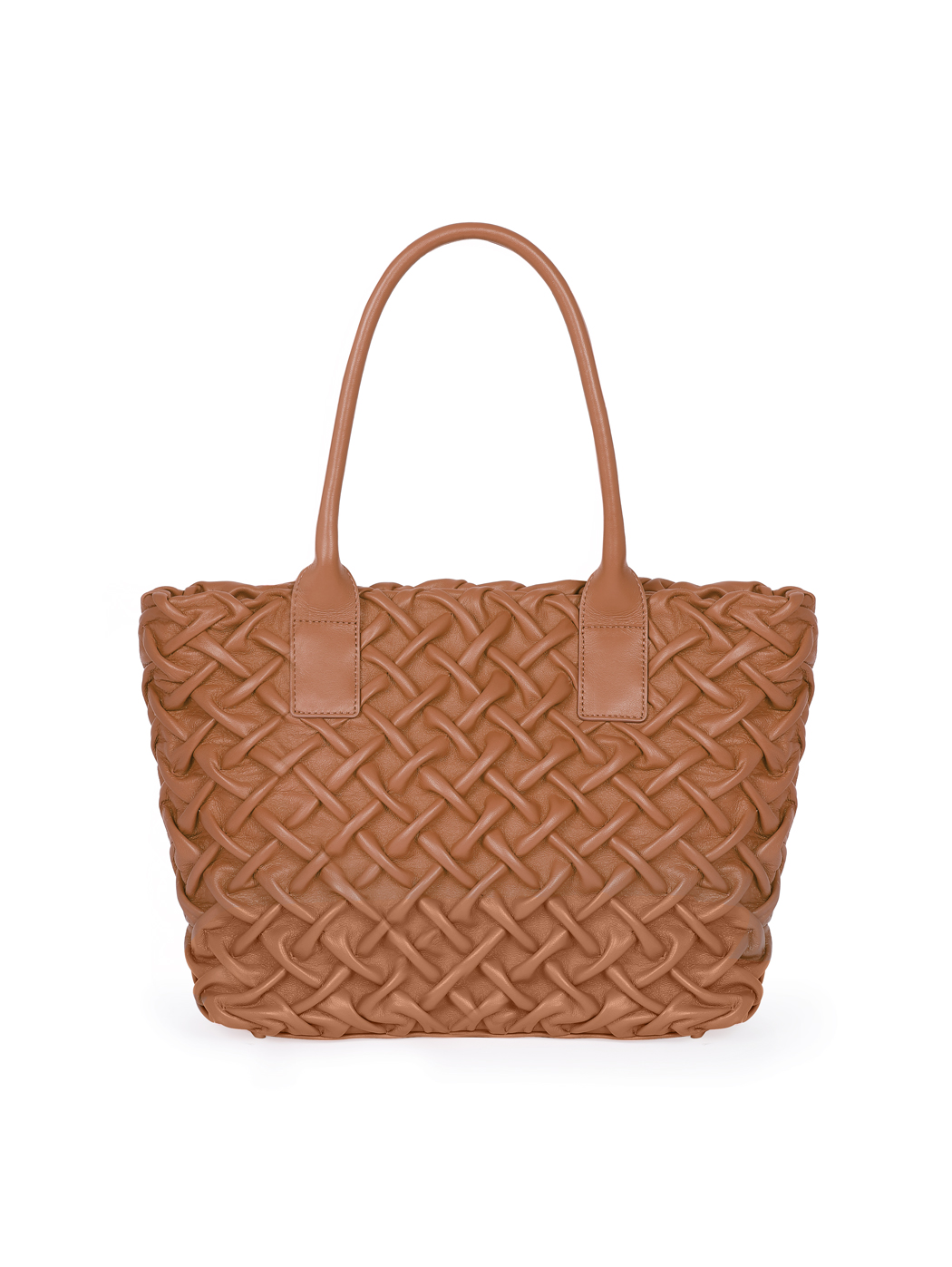 Smocked Weave Leather Satchel Tote Bag Tan