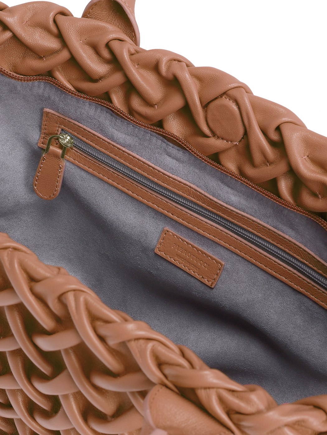 Smocked Weave Leather Satchel Tote Bag Tan