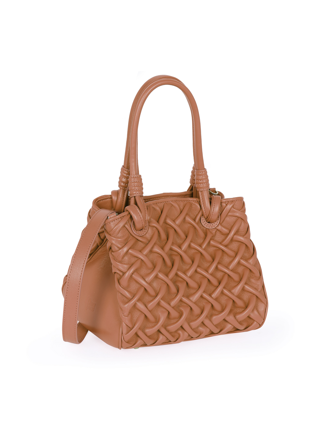 Top Handle Smocked Stitch Small Leather Bag Tan