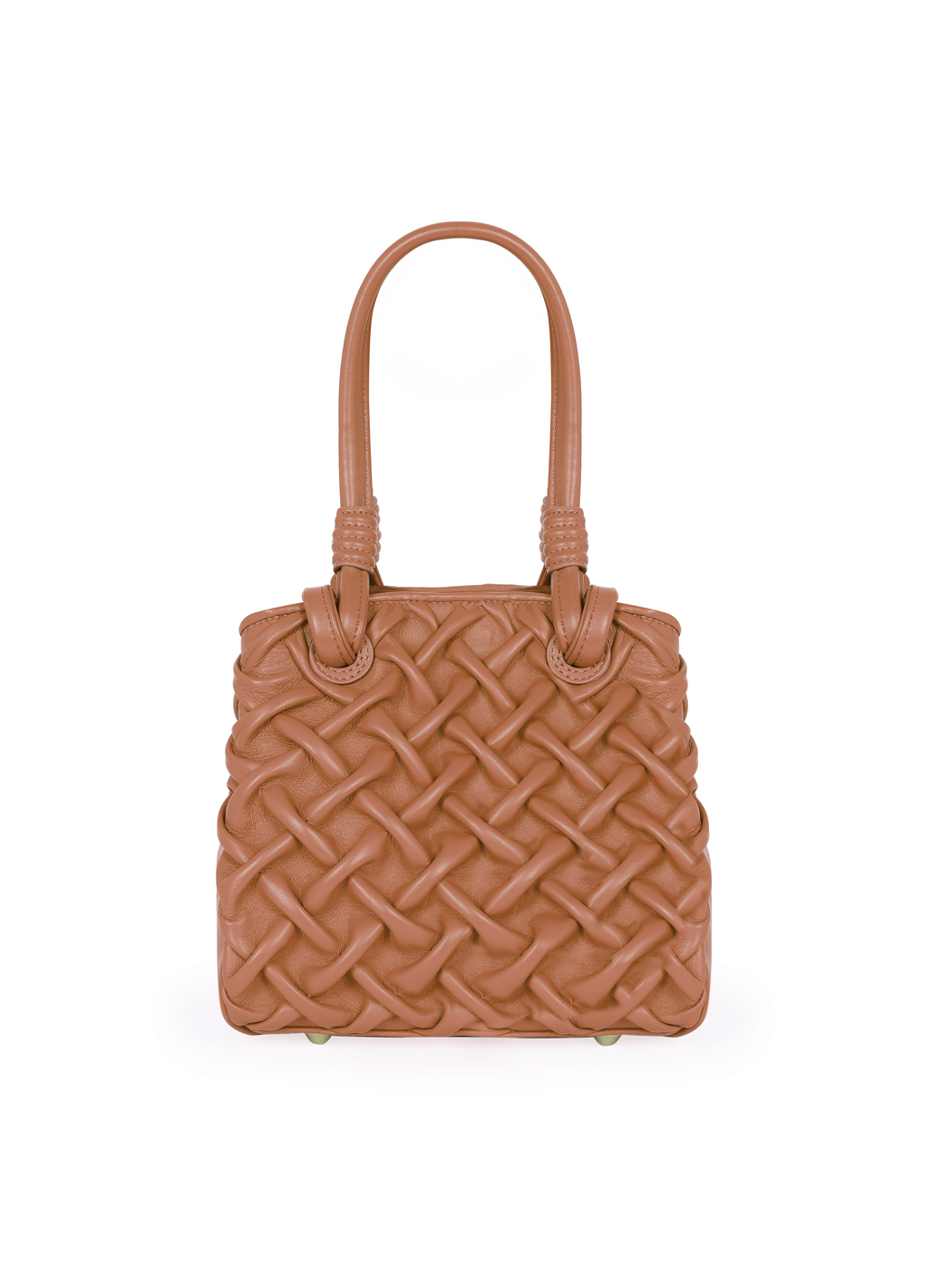Top Handle Smocked Stitch Small Leather Bag Tan