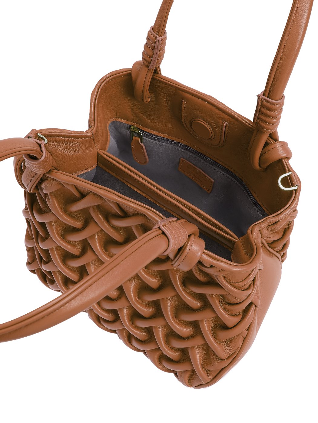 Top Handle Smocked Stitch Small Leather Bag Tan