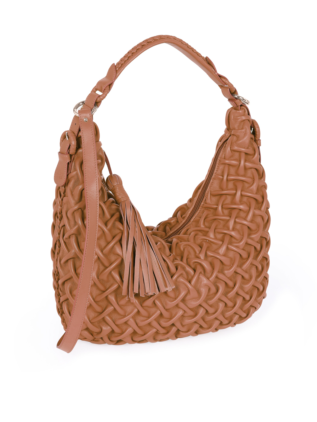 Hobo Shoulder Bag Smocked Weave Tan