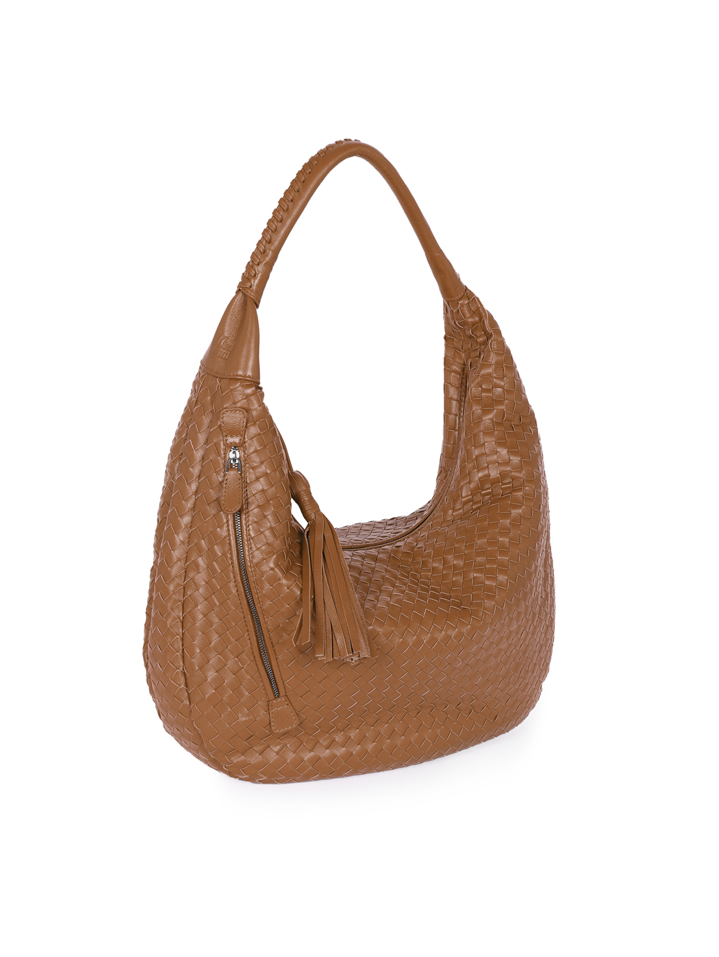 Large Hobo Intrecciato Weave Leather Bag Tan