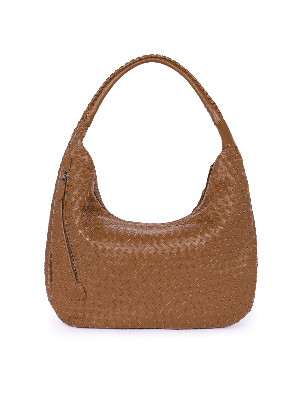 Large Hobo Intrecciato Weave Leather Bag Tan