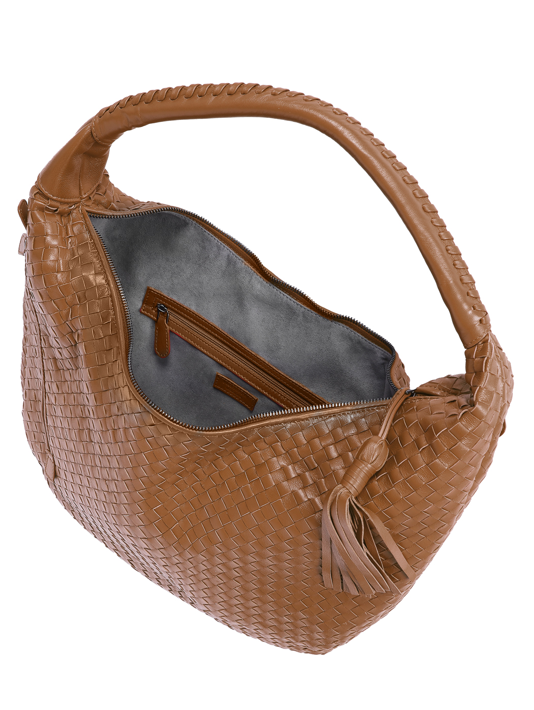 Large Hobo Intrecciato Weave Leather Bag Tan