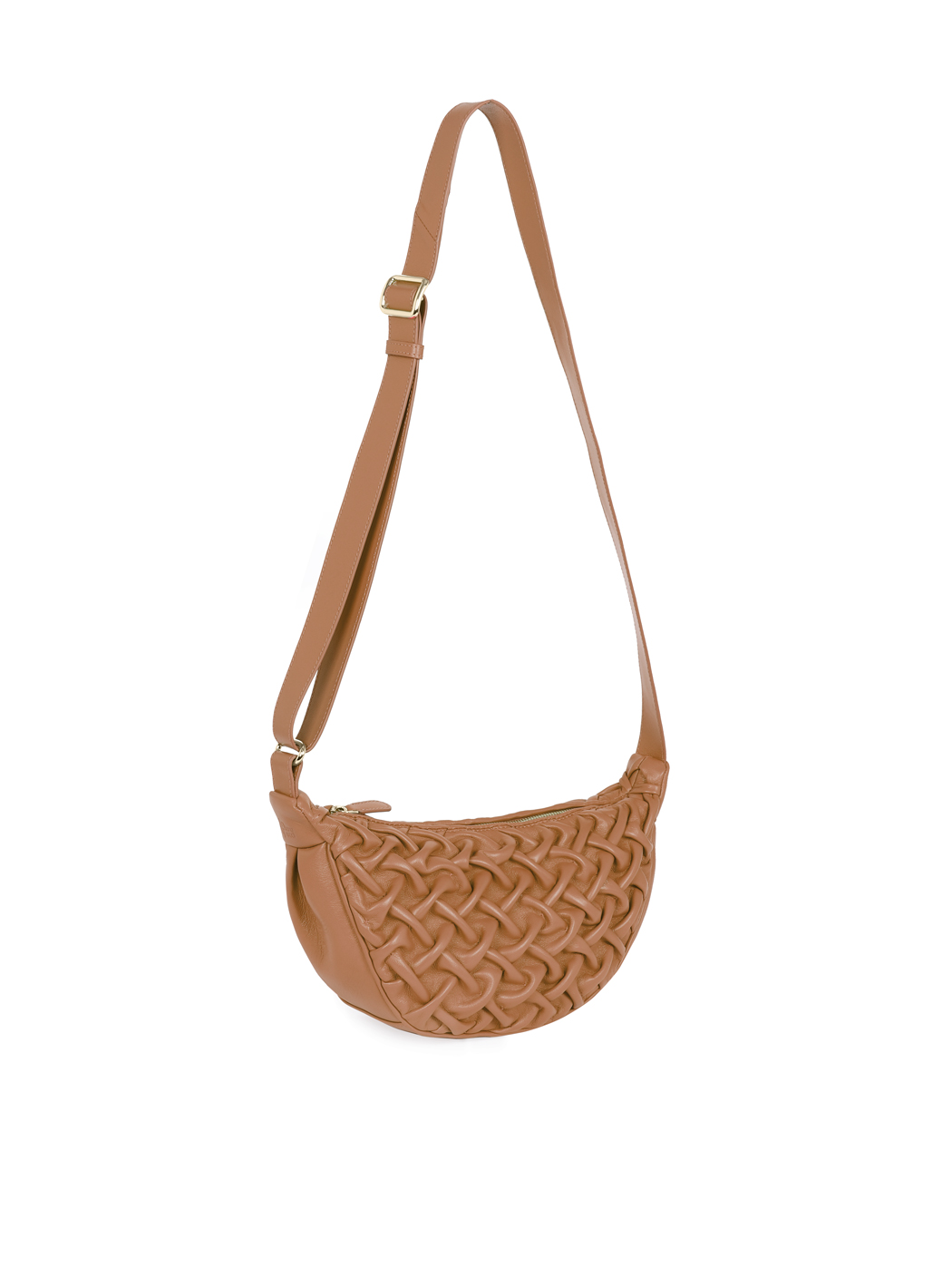 Midi Crescent Smocked Stitch Lambskin Crossbody Tan