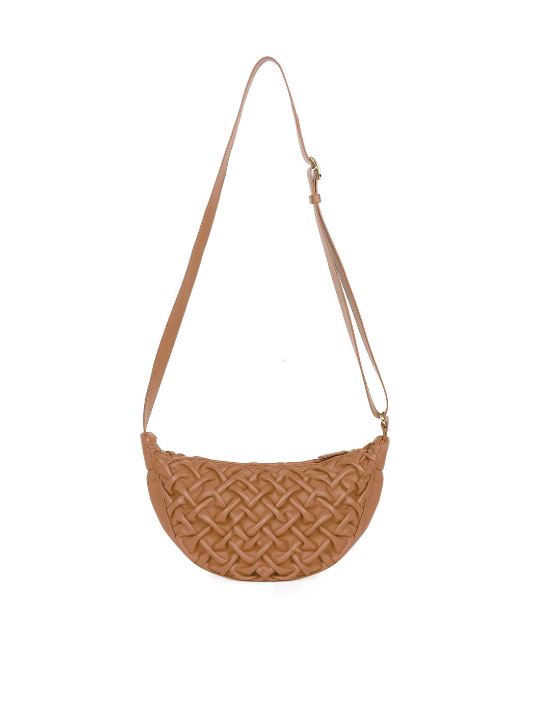 Midi Crescent Smocked Stitch Lambskin Crossbody Tan