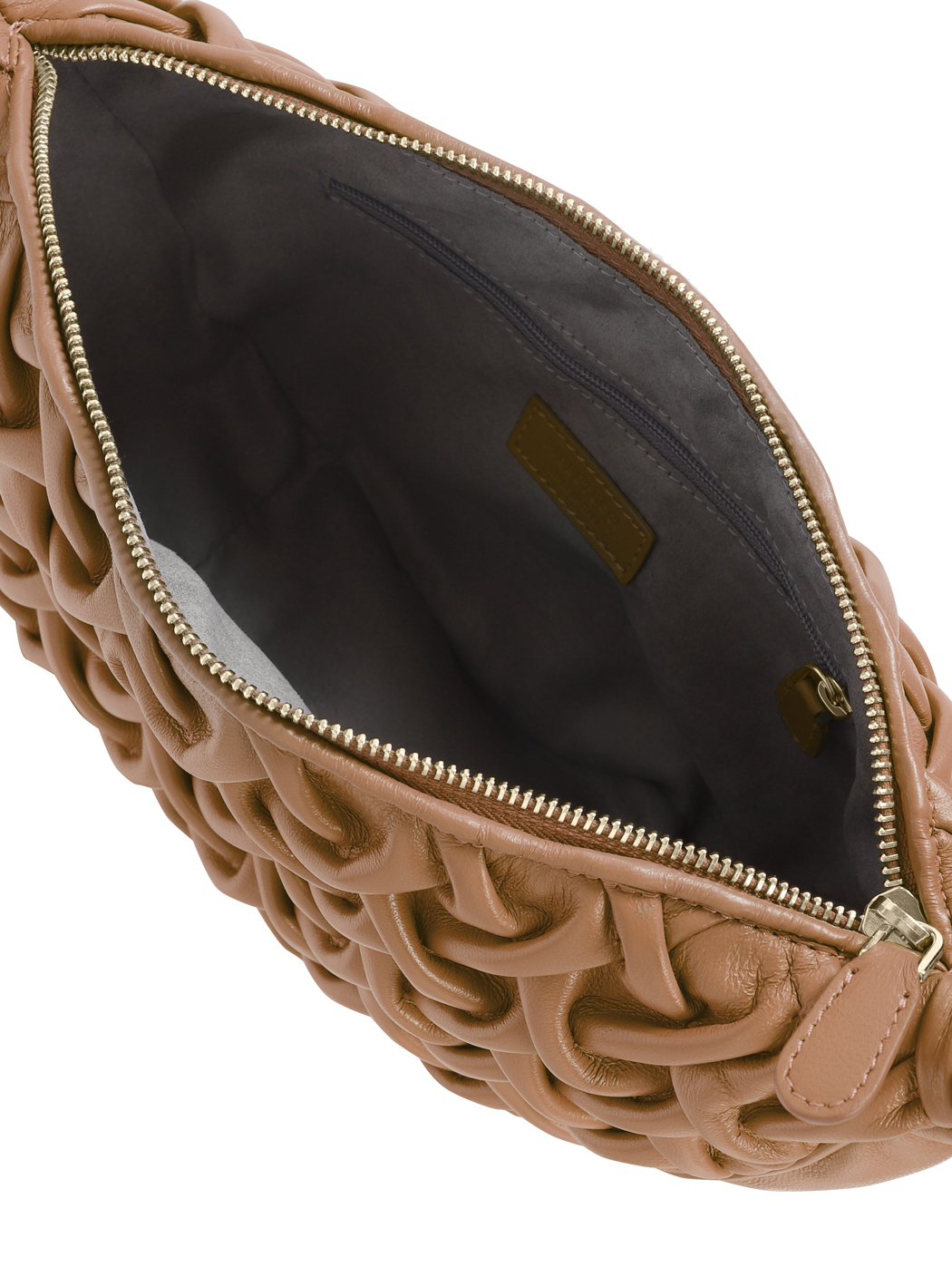 Midi Crescent Smocked Stitch Lambskin Crossbody Tan