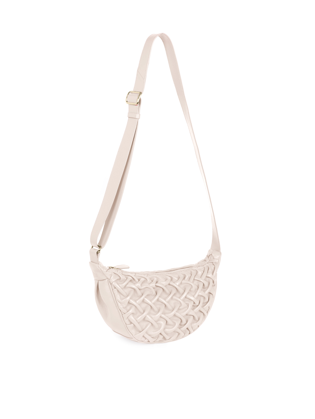 Midi Crescent Smocked Stitch Lambskin Crossbody Beige