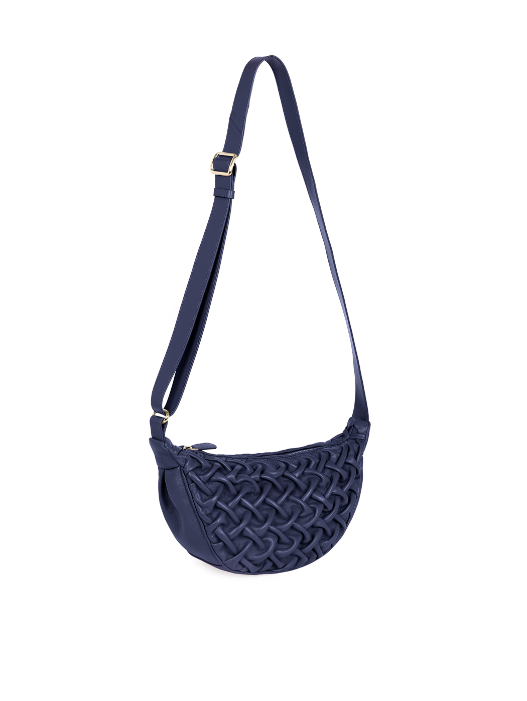 Midi Crescent Stitched Leather Crossbody Navy Blue