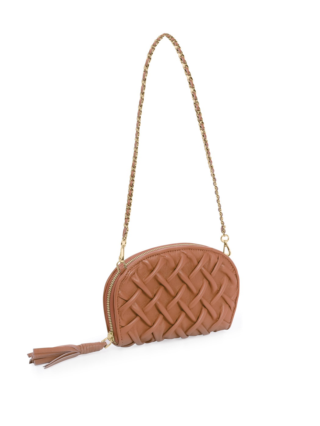 Smock Stitch Leather Shoulder Chain Clutch Tan
